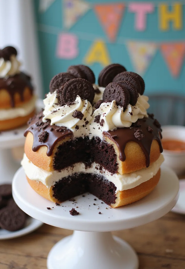 12 Festive Donut Cake Ideas That Will Make Any Birthday Extra Special! - 12. Cookies and Cream Donut Cake