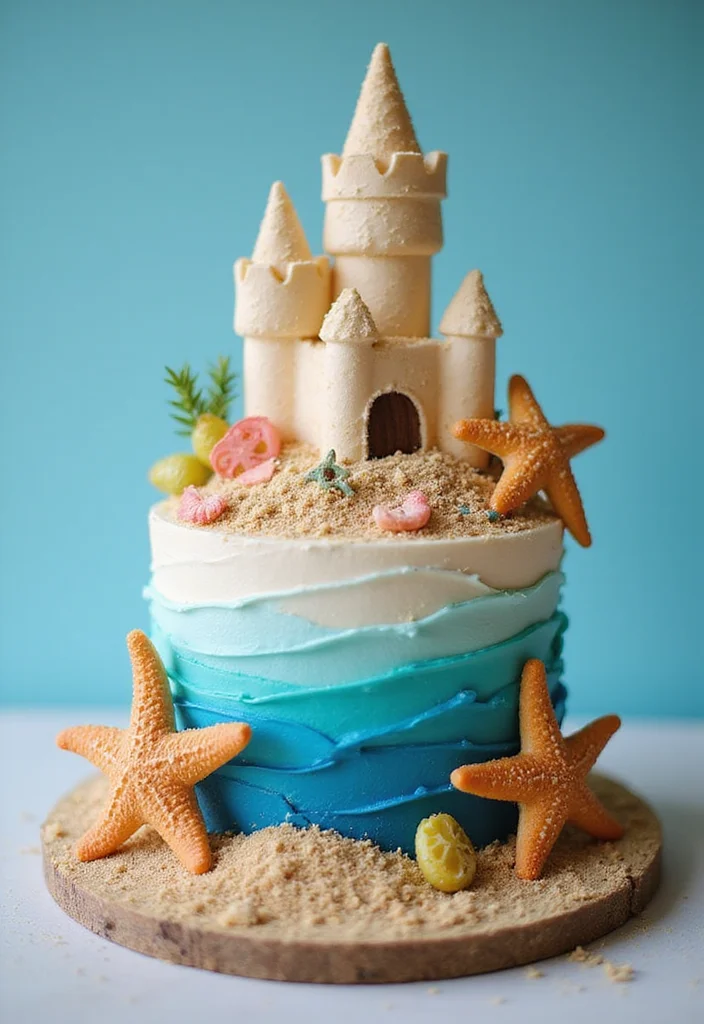 15 Stunning Beach Cake Ideas That Will Make Waves at Your Next Celebration! - 6. Starfish and Sandcastle Cake