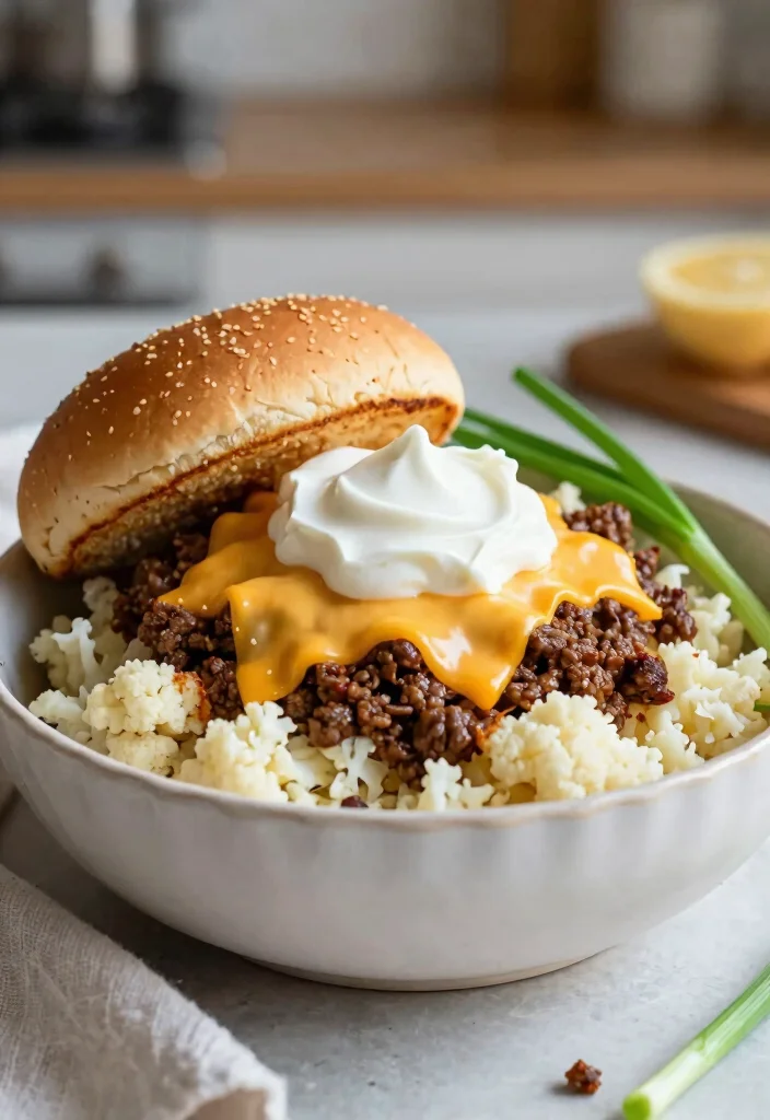 16 Hamburger in a Bowl Ideas: Low Carb Comfort - 12. Loaded Cauliflower Burger Bowl 1