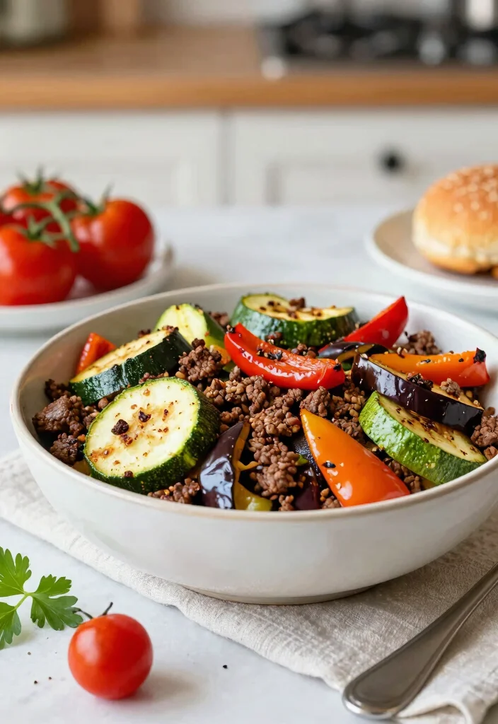 16 Hamburger in a Bowl Ideas: Low Carb Comfort - 15. Ratatouille Burger Bowl 1