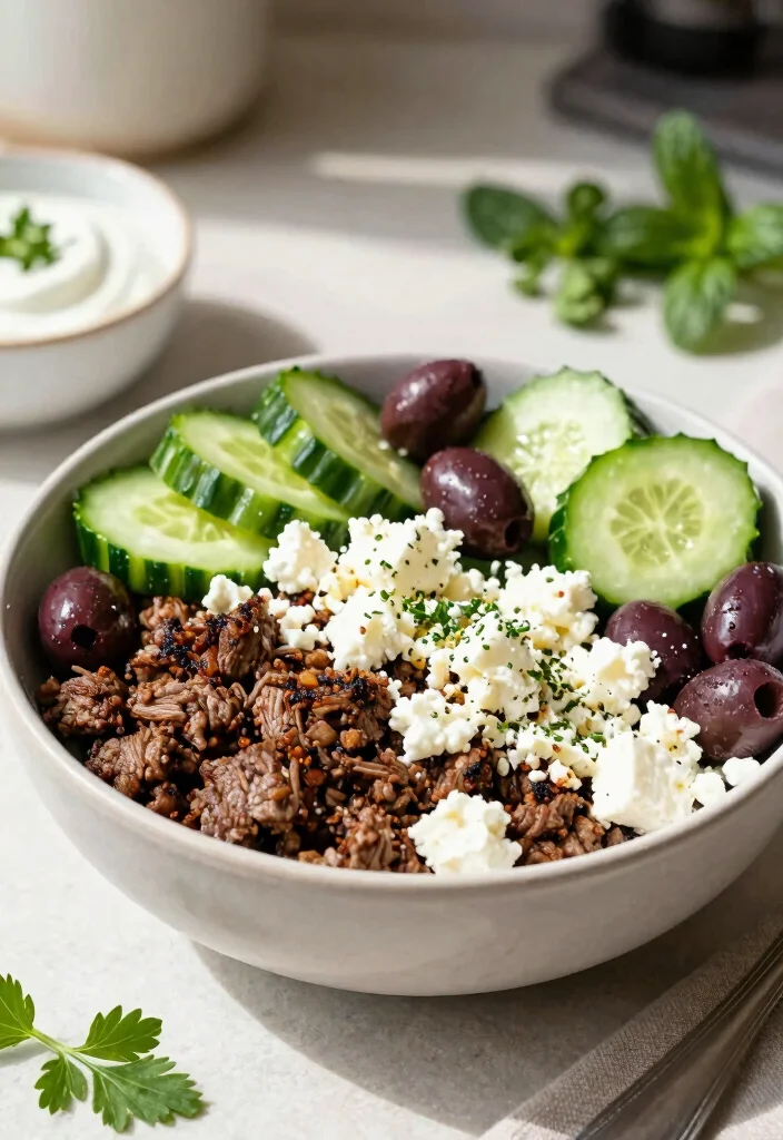 16 Hamburger in a Bowl Ideas: Low Carb Comfort - 5. Greek Burger Bowl 1