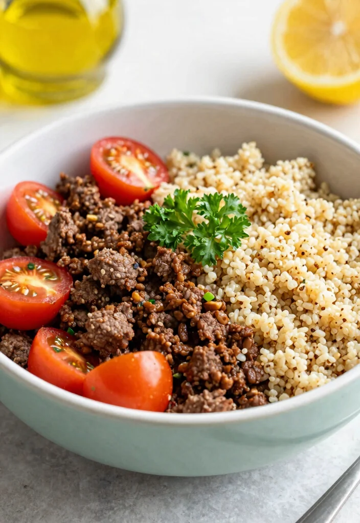 16 Hamburger in a Bowl Ideas: Low Carb Comfort - 9. Mediterranean Quinoa Burger Bowl 1