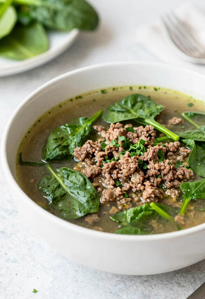 17 Hearty Soups with Hamburger Meat: Cozy Bowls for Healthy Living - 16. Beef and Spinach Soup 1