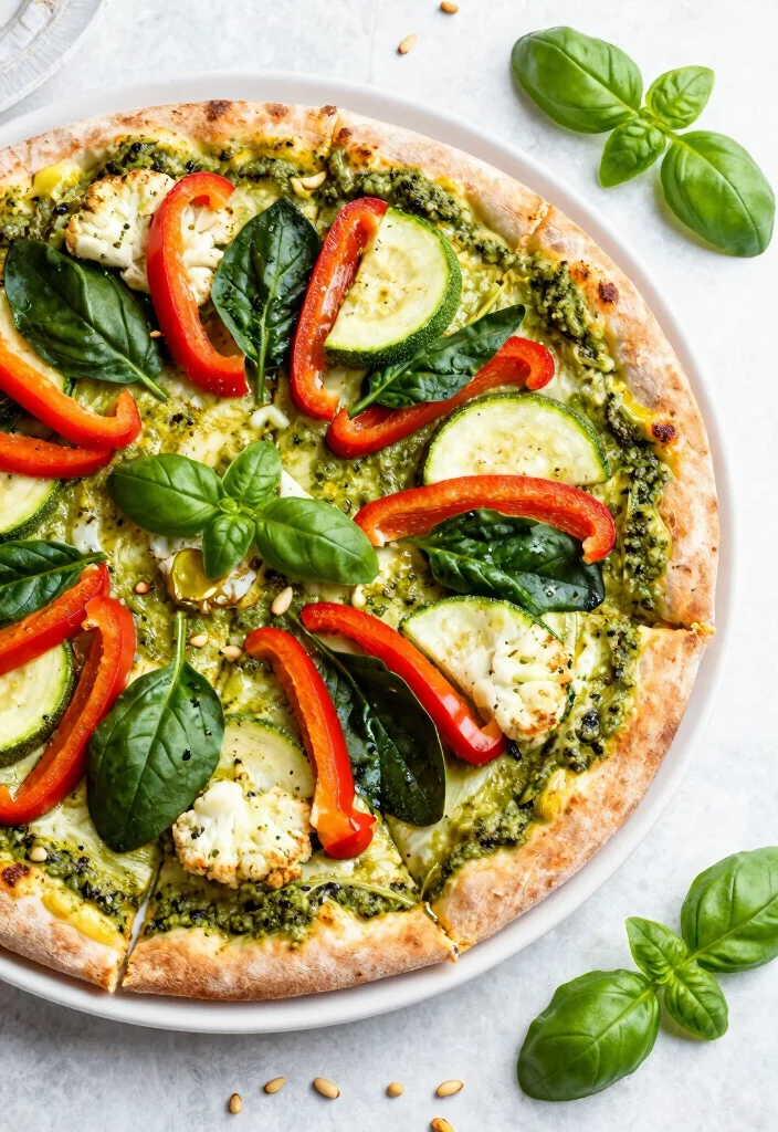 17 Low Carb Pizza Ideas: Keto Friendly Comfort Food - 4. Pesto Veggie Cauliflower Pizza 1