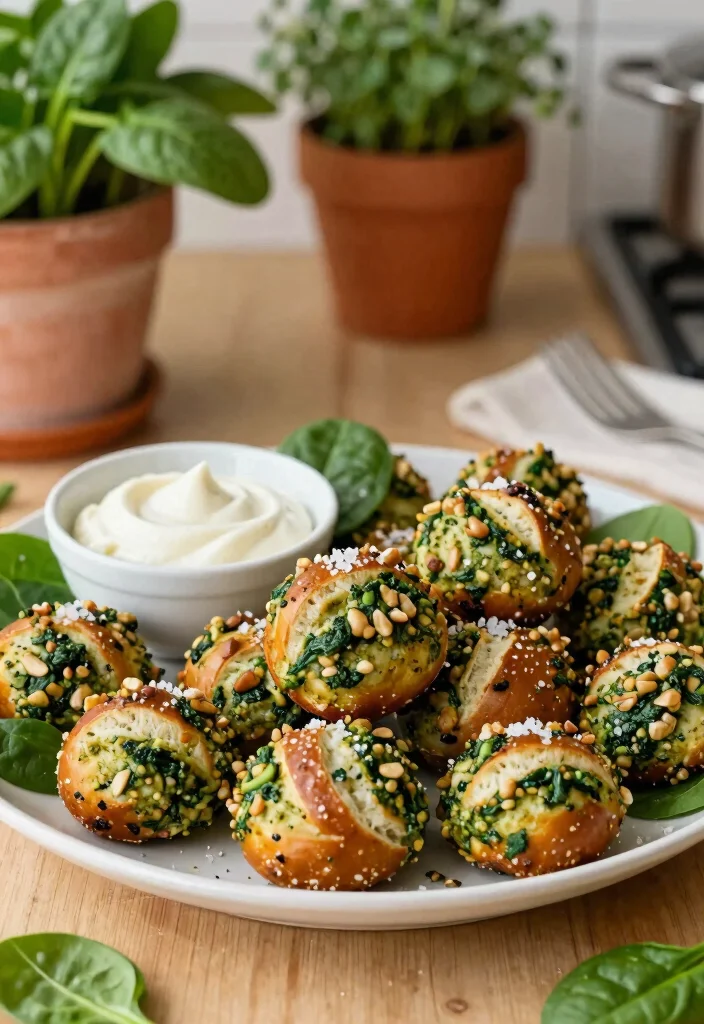 17 Sourdough Pretzel Bites Ideas: Chewy Salty Snacks - 11. Nutty Pesto and Spinach Sourdough Pretzel Bites 1