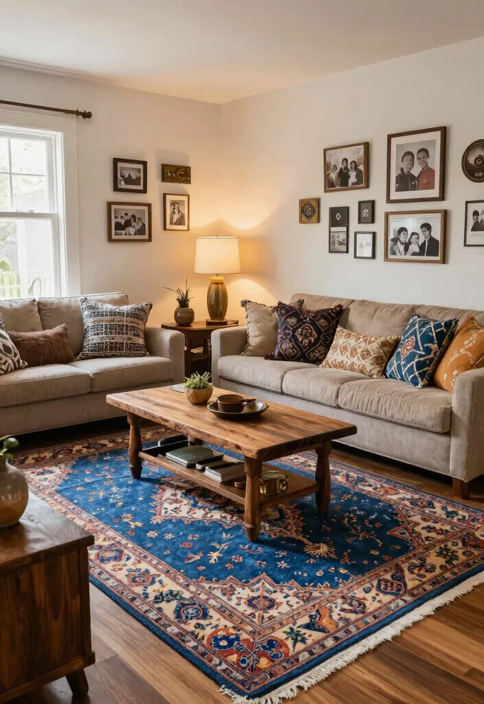 15 Blue Rug Living Room Ideas With Calm Cozy Vibes - 11. Artisan Touch 1