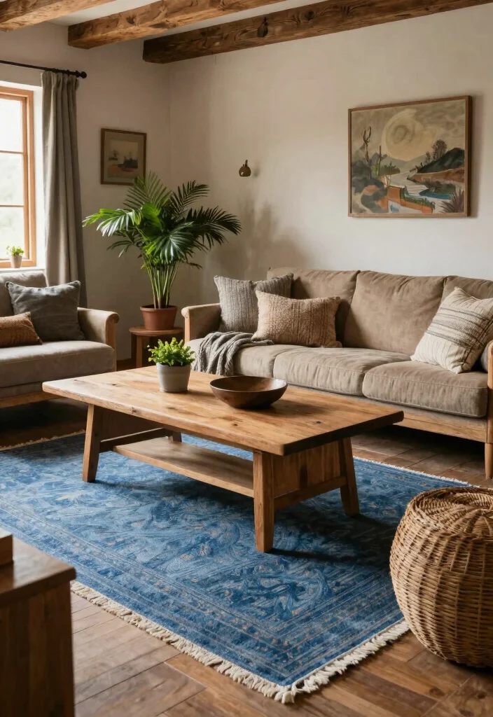 15 Blue Rug Living Room Ideas With Calm Cozy Vibes - 13. Rustic Retreat 1