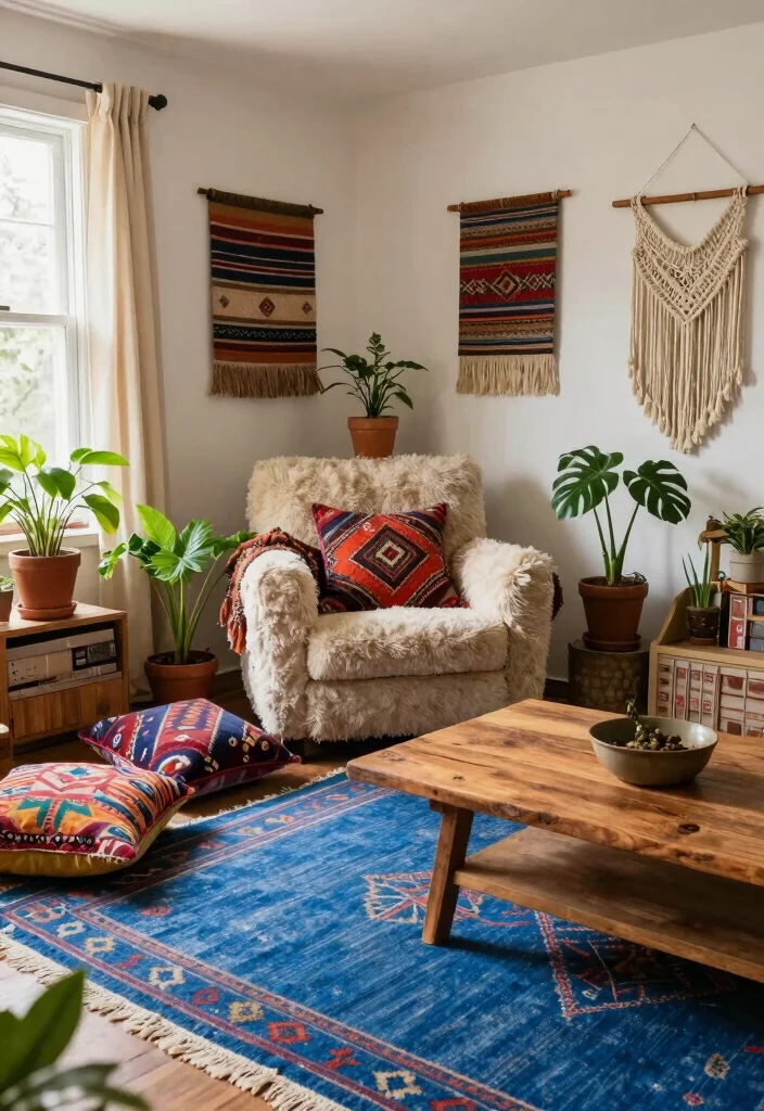 15 Blue Rug Living Room Ideas With Calm Cozy Vibes - 2. Bohemian Bliss 1