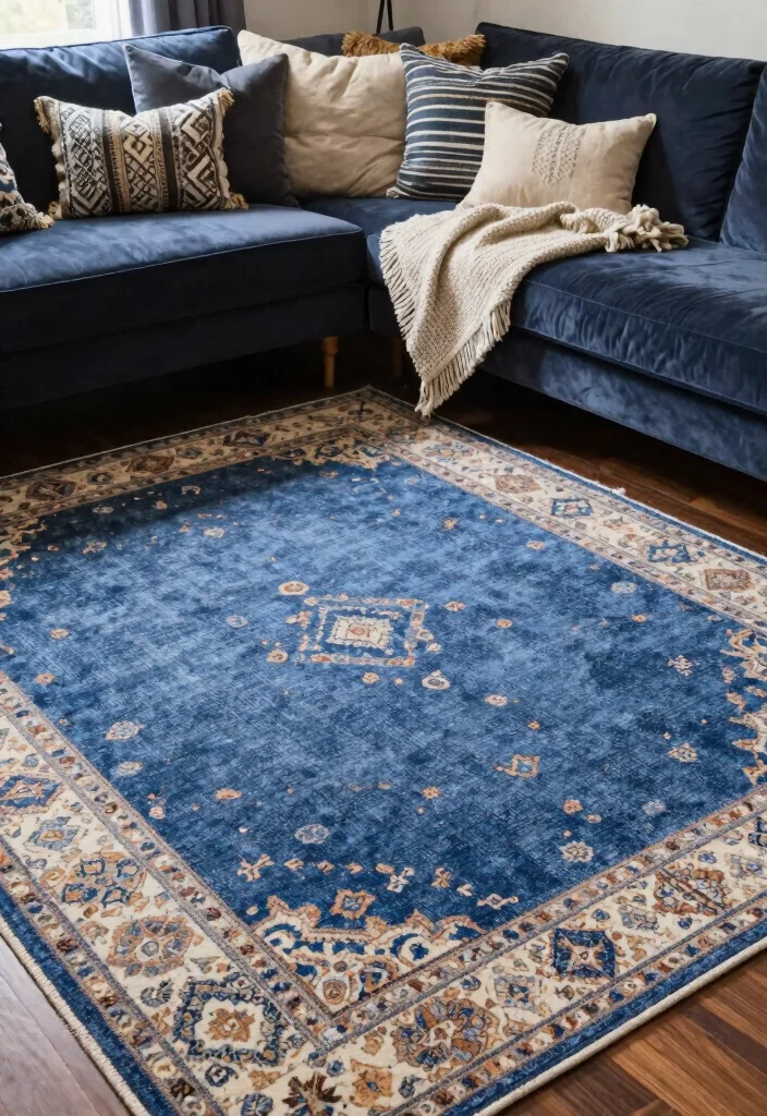 15 Blue Rug Living Room Ideas With Calm Cozy Vibes - 6. Textured Layers 1