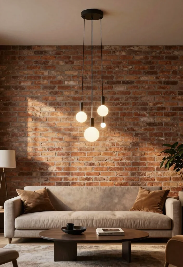 15 Brick Wall Living Room Decor Ideas With Urban Edge - 10. Statement Lighting Fixtures 1