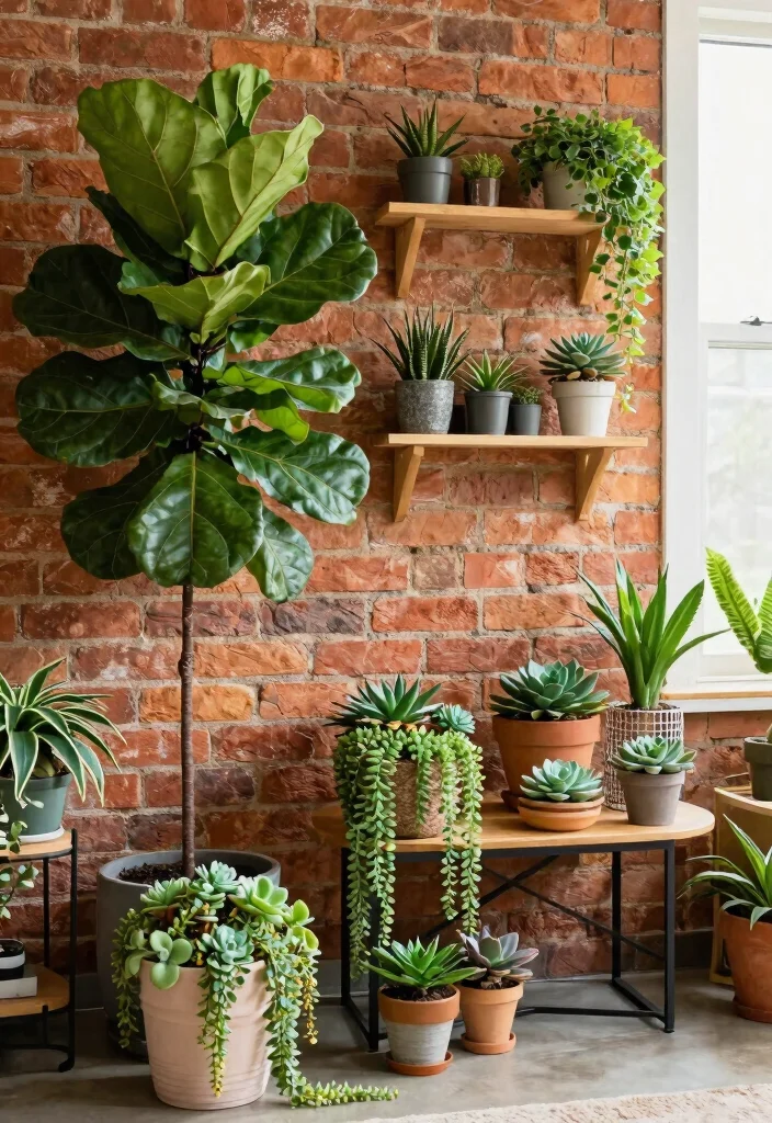 15 Brick Wall Living Room Decor Ideas With Urban Edge - 11. Greenery and Plants 1