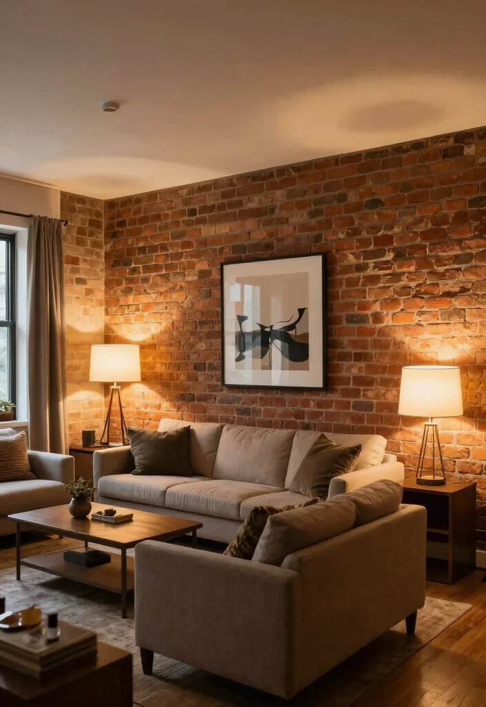 15 Brick Wall Living Room Decor Ideas With Urban Edge - 12. Layered Lighting 1
