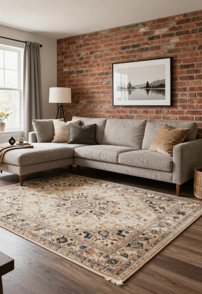 15 Brick Wall Living Room Decor Ideas With Urban Edge - 13. Stylish Area Rugs 1