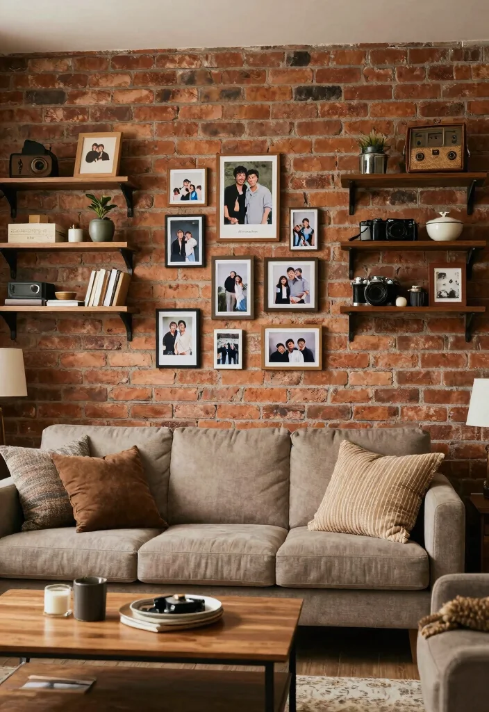 15 Brick Wall Living Room Decor Ideas With Urban Edge - 15. Personal Touches 1
