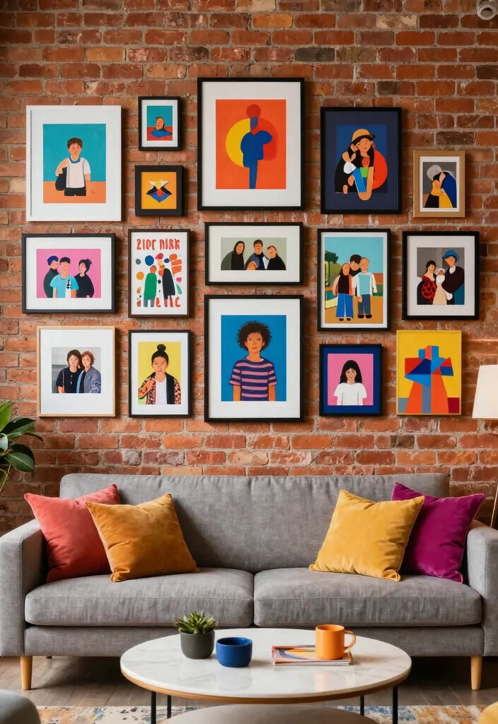 15 Brick Wall Living Room Decor Ideas With Urban Edge - 3. Eclectic Gallery Wall 1