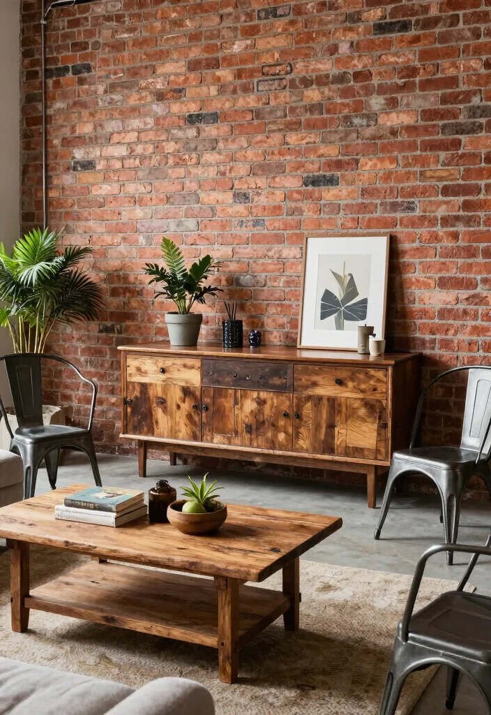 15 Brick Wall Living Room Decor Ideas With Urban Edge - 6. Vintage Industrial Furniture 1