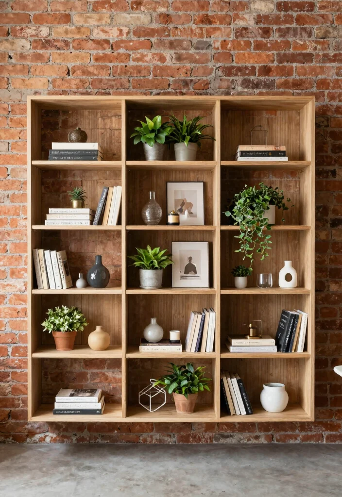 15 Brick Wall Living Room Decor Ideas With Urban Edge - 9. Open Shelving Display 1