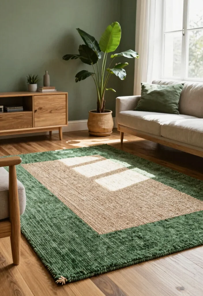 15 Green Living Room Rug Ideas With Fresh Earthy Tones - 1. Eco-Friendly Jute and Green Wool Blend 1