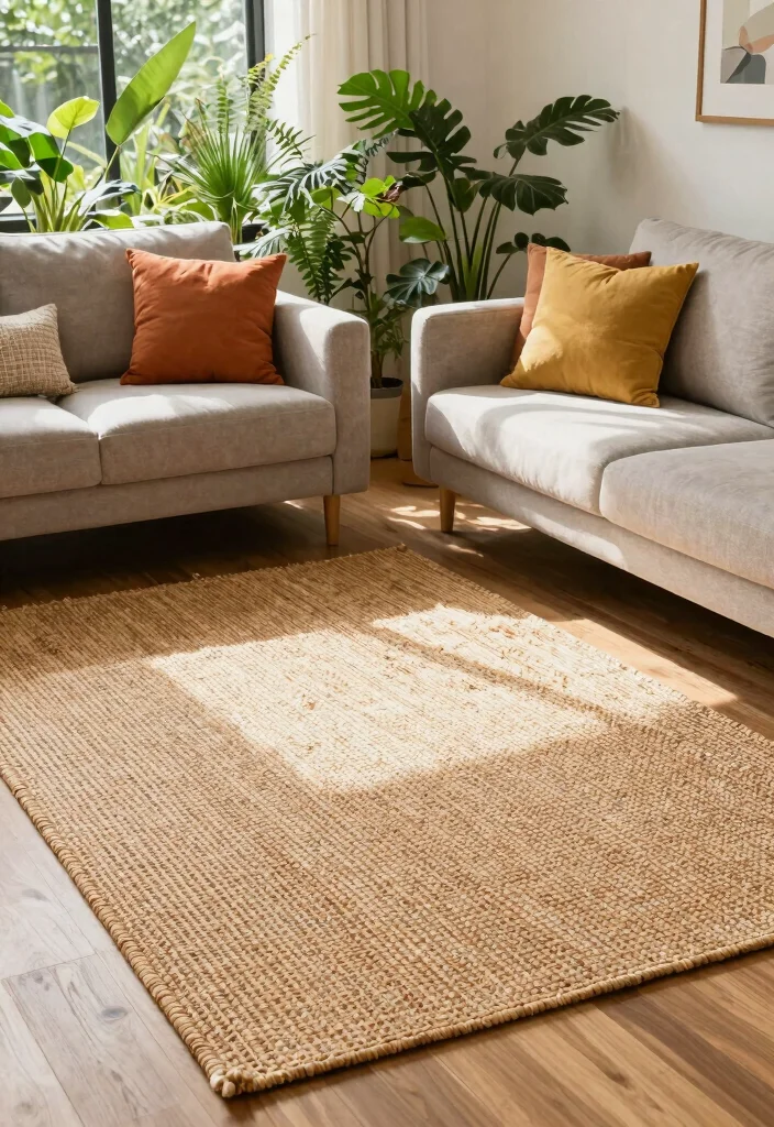 15 Green Living Room Rug Ideas With Fresh Earthy Tones - 11. Handwoven Rattan Rug 1
