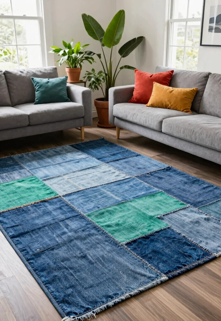 15 Green Living Room Rug Ideas With Fresh Earthy Tones - 14. Upcycled Denim Rug 1