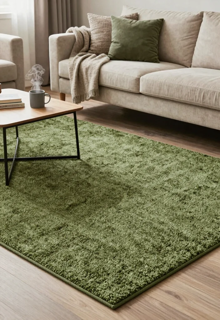 15 Green Living Room Rug Ideas With Fresh Earthy Tones - 6. Textured Chenille Rug in Olive Green 1