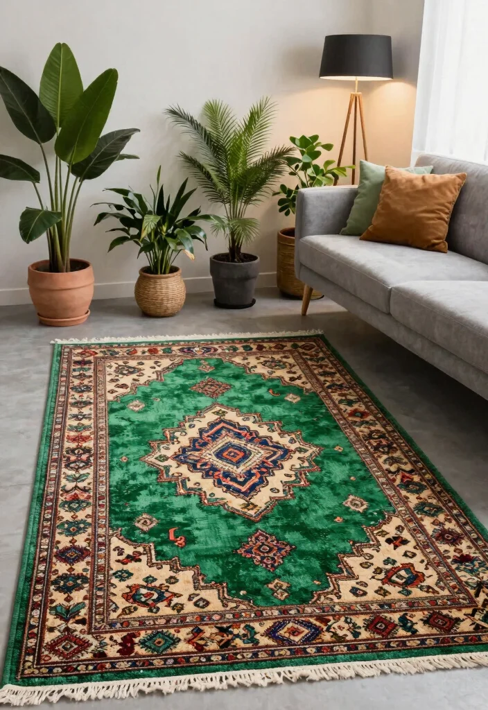 15 Green Living Room Rug Ideas With Fresh Earthy Tones - 7. Vintage Turkish Kilim Rug in Green 1