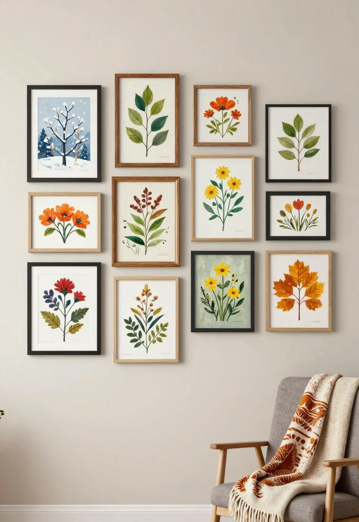15 Living Room Frames Wall Decor Ideas for a Gallery Look - 15. Seasonal Botanical Art for a Fresh Update 1
