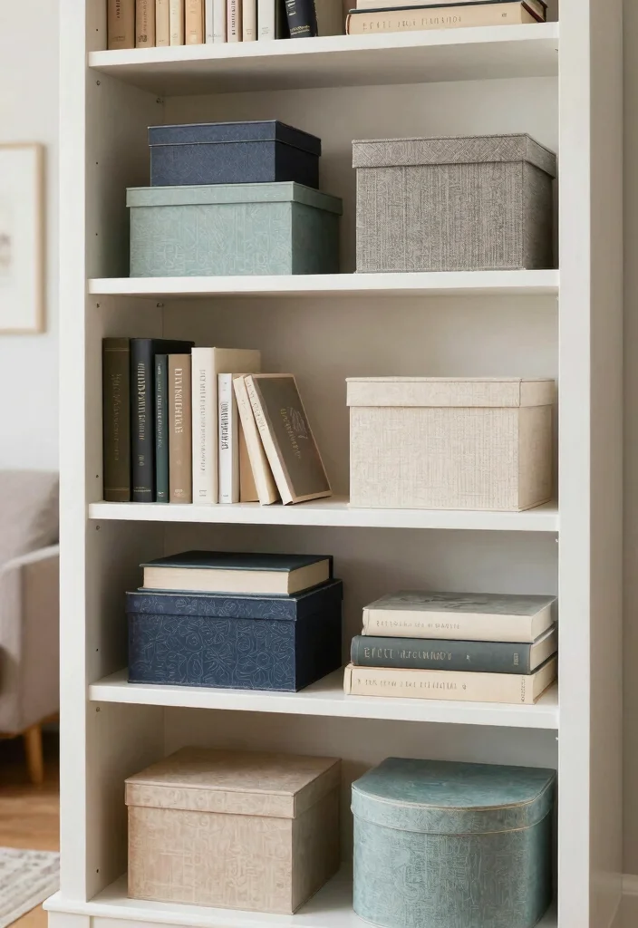16 Tall Bookshelf Styling Ideas That Look Designer Curated - 8. Use Decorative Boxes 1
