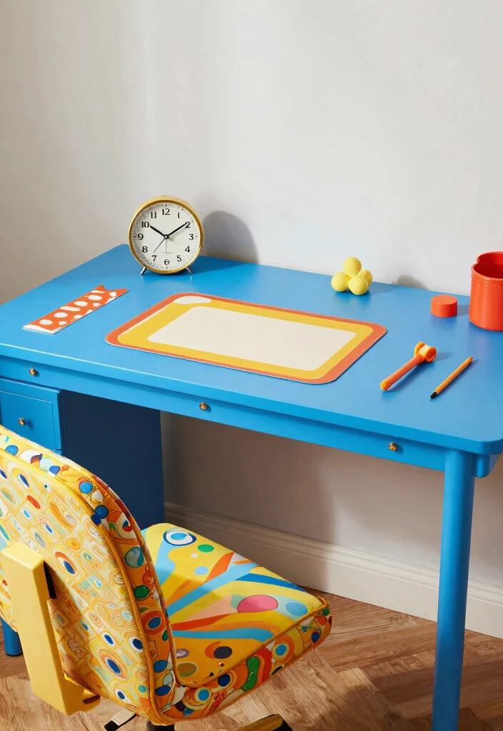 17 Blue Desk Setup Ideas With Clean Aesthetic Vibes - 10. Funky Retro Vibes 1