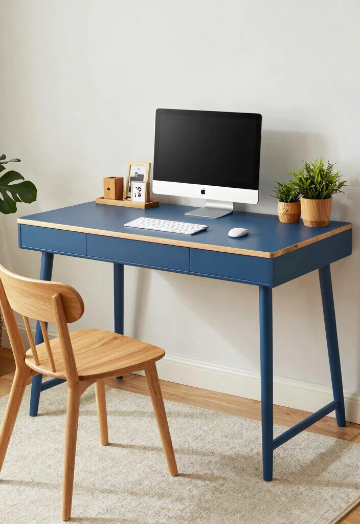 17 Blue Desk Setup Ideas With Clean Aesthetic Vibes - 11. Elegant Blue with Wood 1