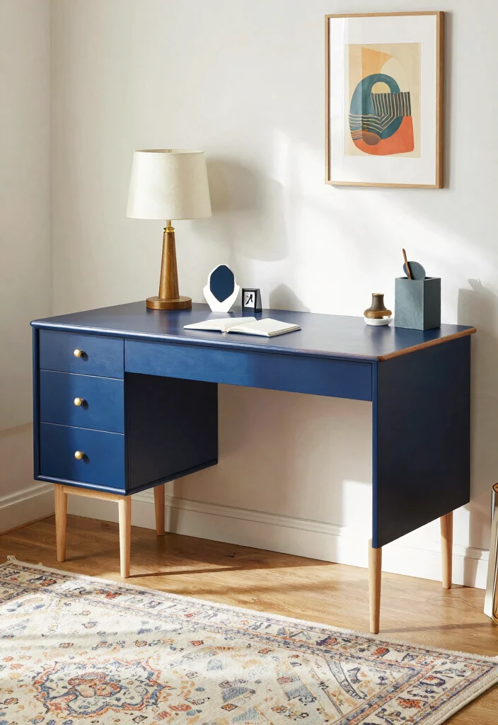 17 Blue Desk Setup Ideas With Clean Aesthetic Vibes - 2. Mid-Century Modern Blue 1
