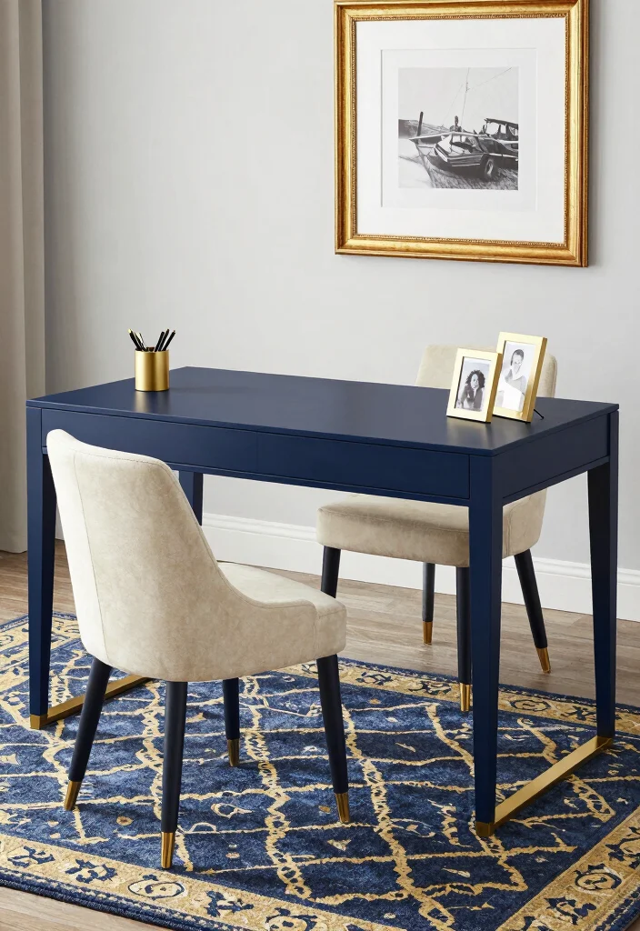 17 Blue Desk Setup Ideas With Clean Aesthetic Vibes - 4. Navy and Gold Elegance 1