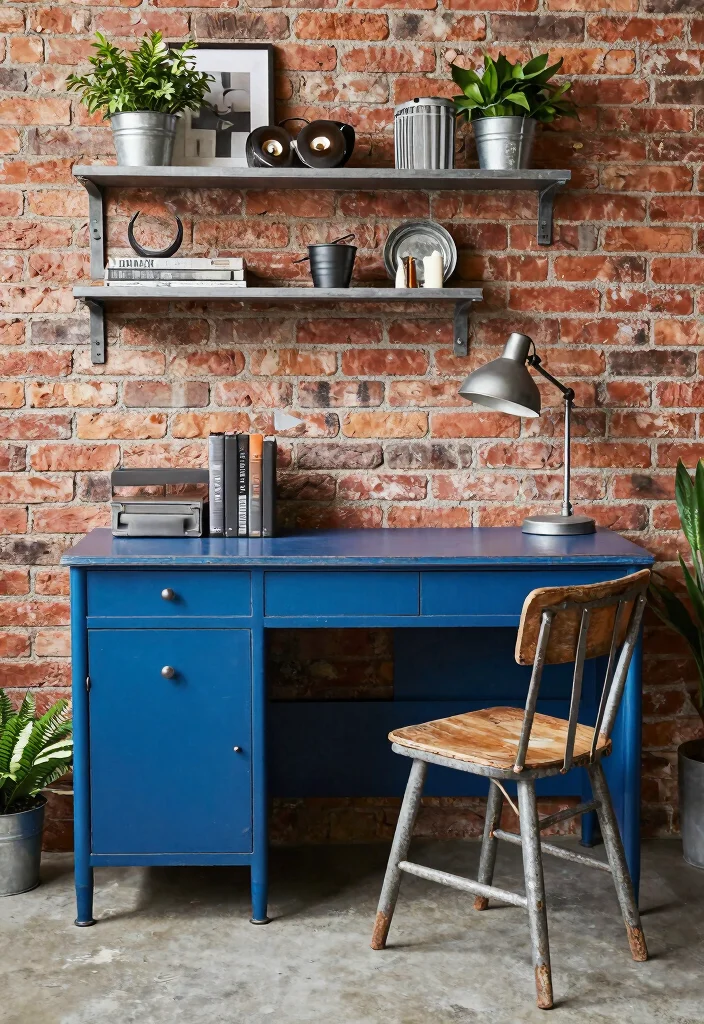 17 Blue Desk Setup Ideas With Clean Aesthetic Vibes - 7. Industrial Blue Workspace 1