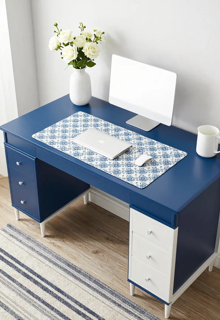 17 Blue Desk Setup Ideas With Clean Aesthetic Vibes - 9. Blue and White Chic 1