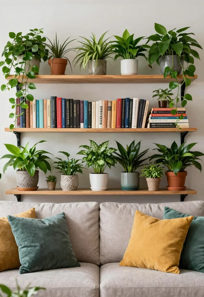 17 Bookshelf Above Couch Ideas That Elevate Your Living Room - 10. Plants and Books Combined 1