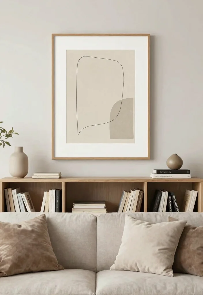 17 Bookshelf Above Couch Ideas That Elevate Your Living Room - 11. Minimalist Art Pieces 1