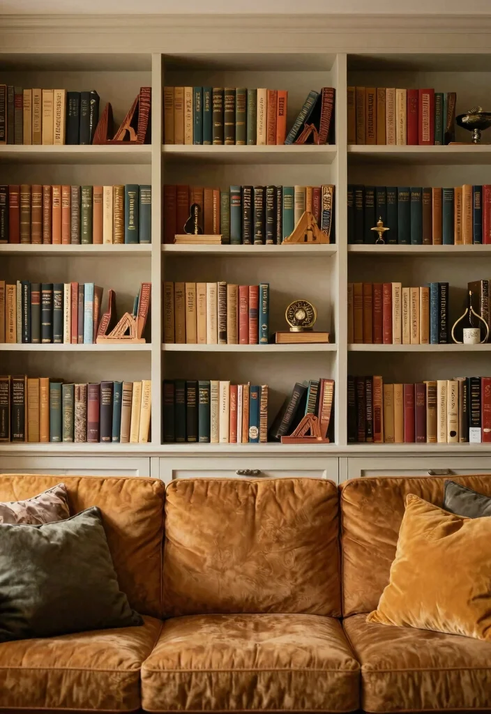 17 Bookshelf Above Couch Ideas That Elevate Your Living Room - 12. Themed Collections 1