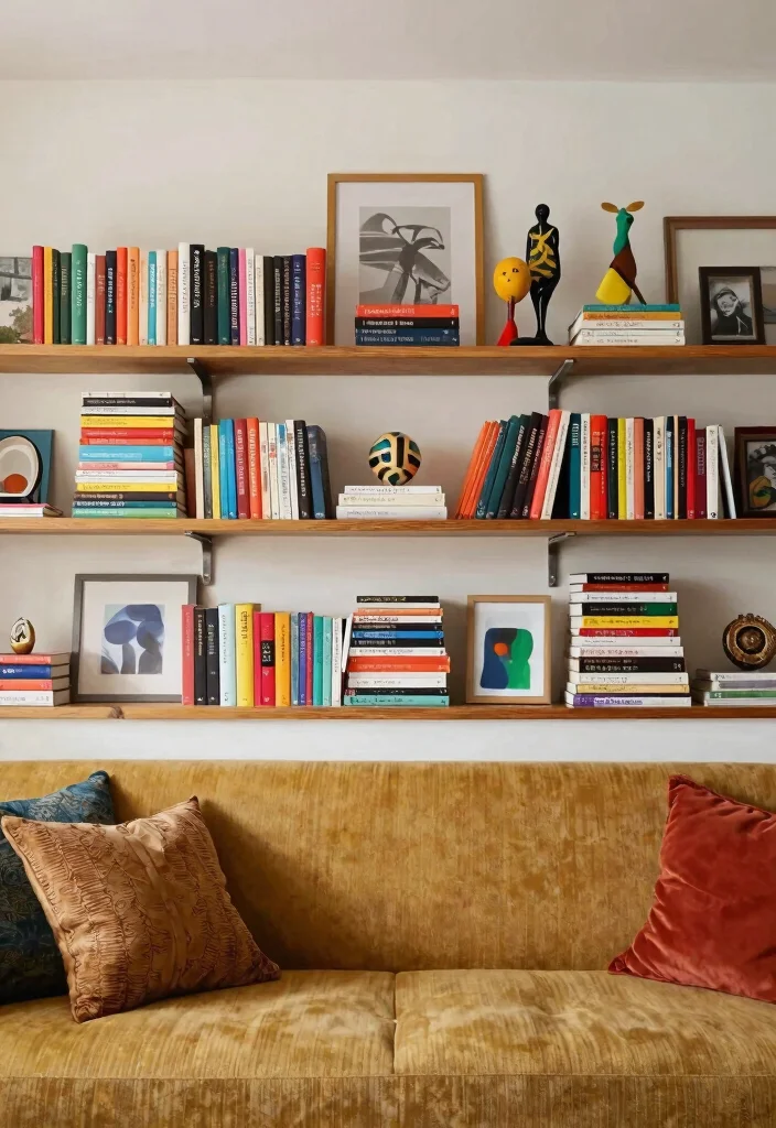 17 Bookshelf Above Couch Ideas That Elevate Your Living Room - 13. Artistic Arrangements 1