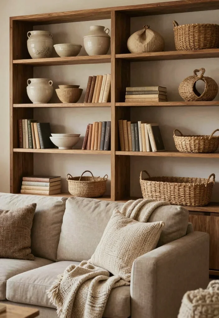 17 Bookshelf Above Couch Ideas That Elevate Your Living Room - 14. Textured Decor 1