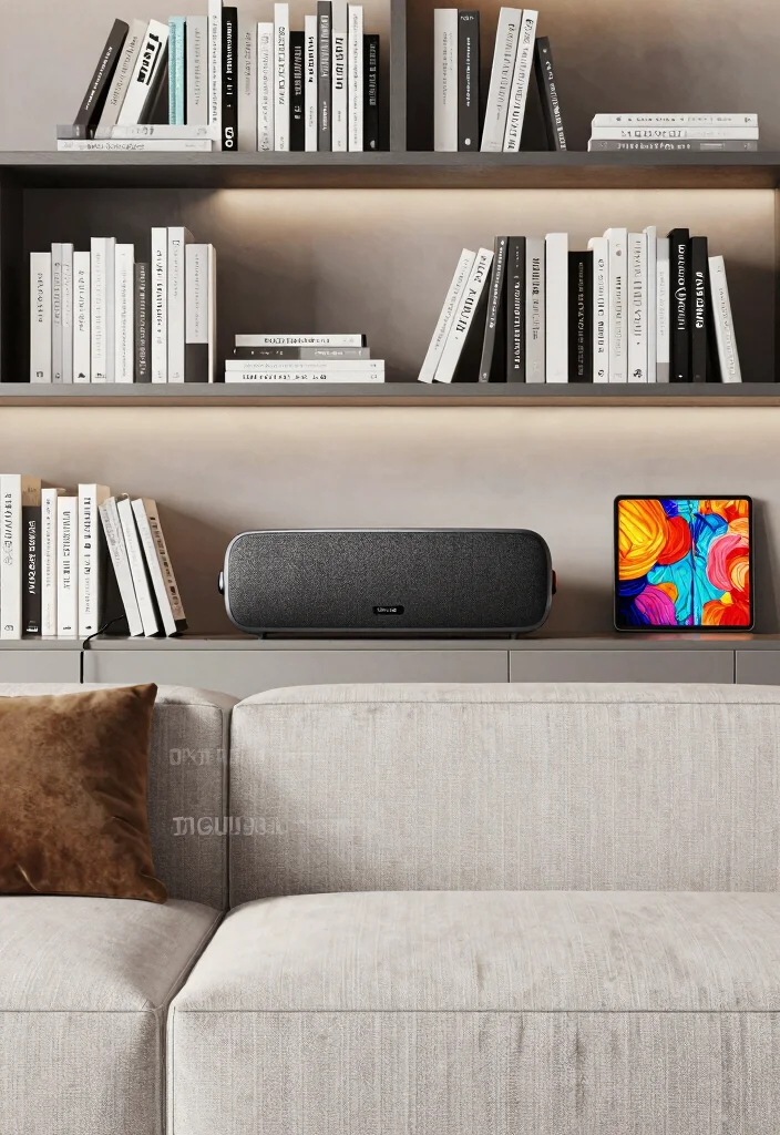 17 Bookshelf Above Couch Ideas That Elevate Your Living Room - 15. Integrate Technology 1