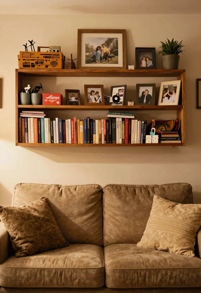 17 Bookshelf Above Couch Ideas That Elevate Your Living Room - 16. Personal Mementos 1