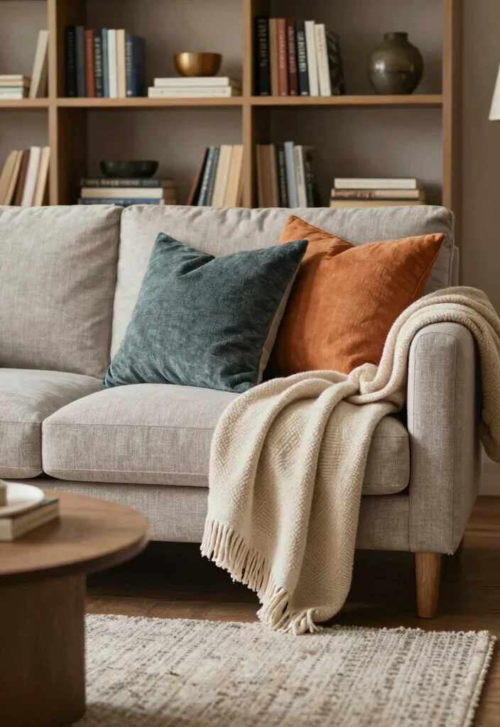 17 Bookshelf Above Couch Ideas That Elevate Your Living Room - 17. Layered Textiles 1