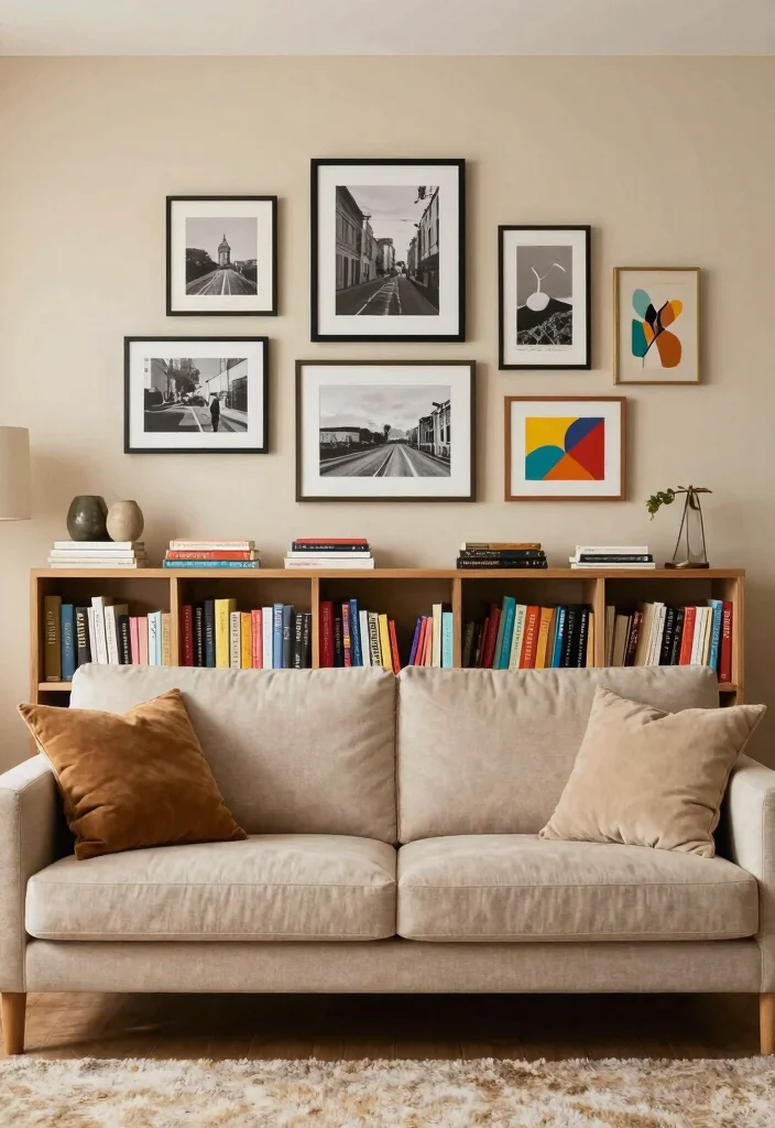 17 Bookshelf Above Couch Ideas That Elevate Your Living Room - 2. A Gallery of Frames 1