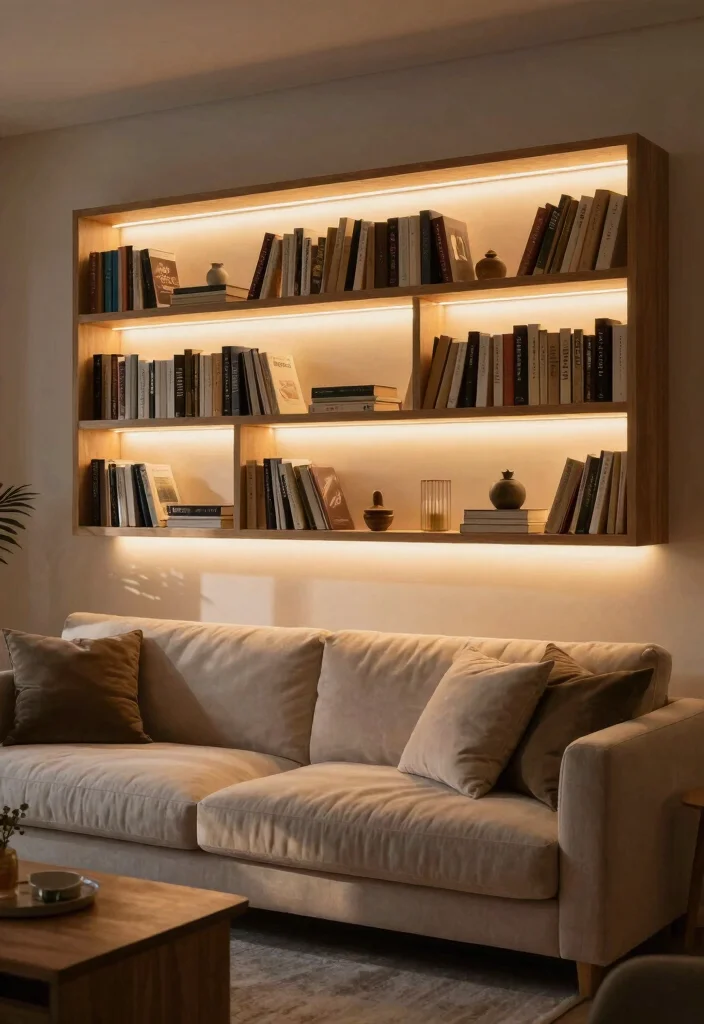 17 Bookshelf Above Couch Ideas That Elevate Your Living Room - 4. Integrated Lighting 1