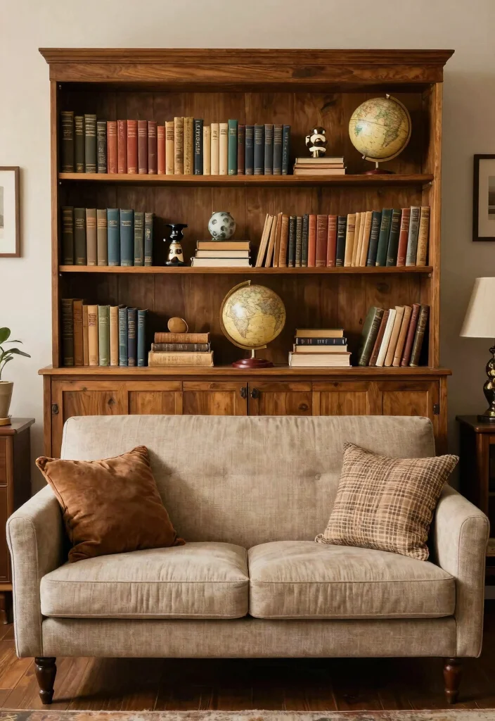 17 Bookshelf Above Couch Ideas That Elevate Your Living Room - 5. Vintage Finds 1