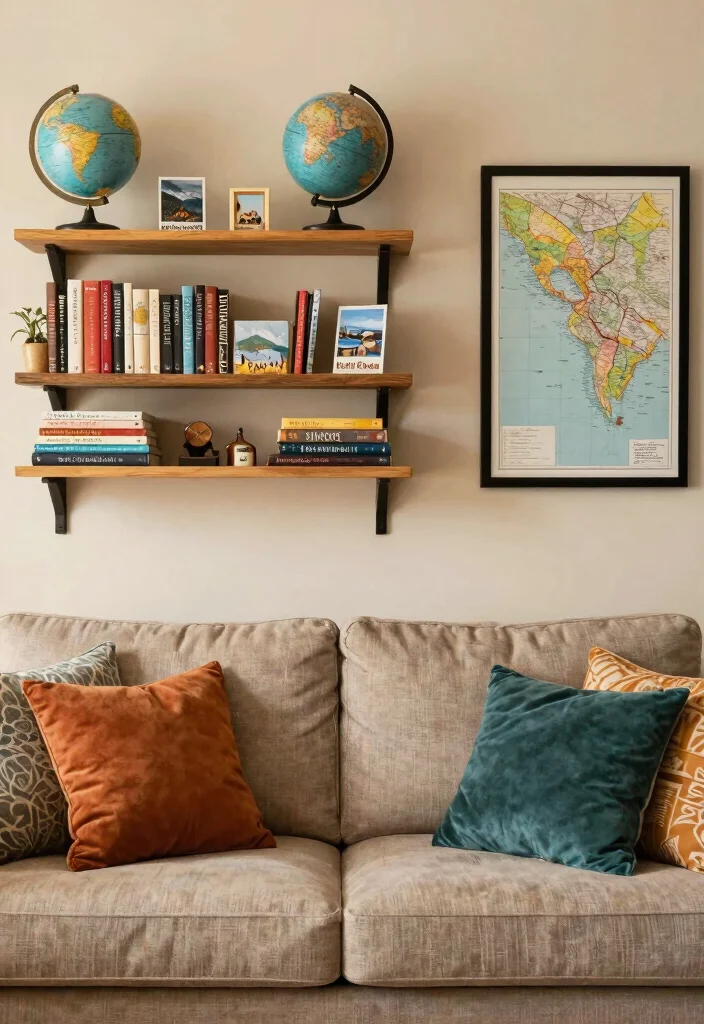 17 Bookshelf Above Couch Ideas That Elevate Your Living Room - 9. Travel-Inspired Decor 1