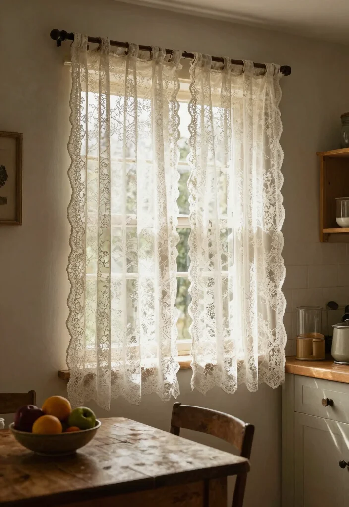 17 Curtains Kitchen Window Ideas With Charming Detail - 1. Rustic Lace Curtains 1