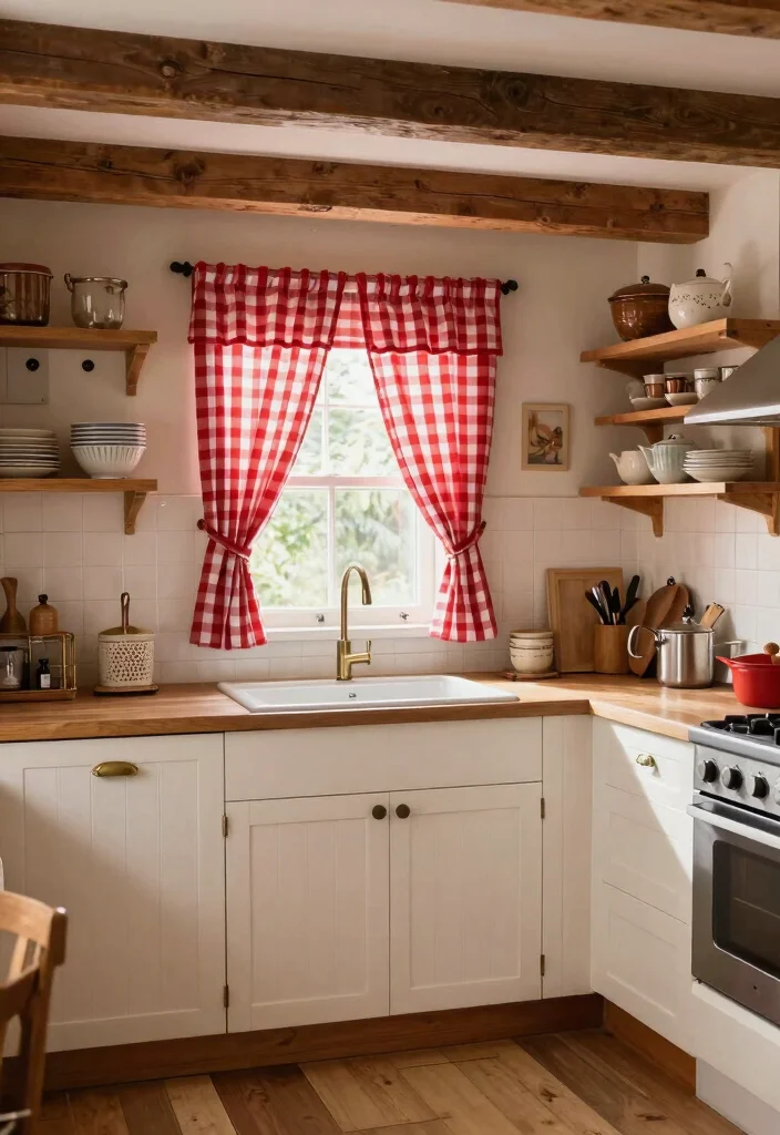 17 Curtains Kitchen Window Ideas With Charming Detail - 10. Farmhouse Checkered Curtains 1