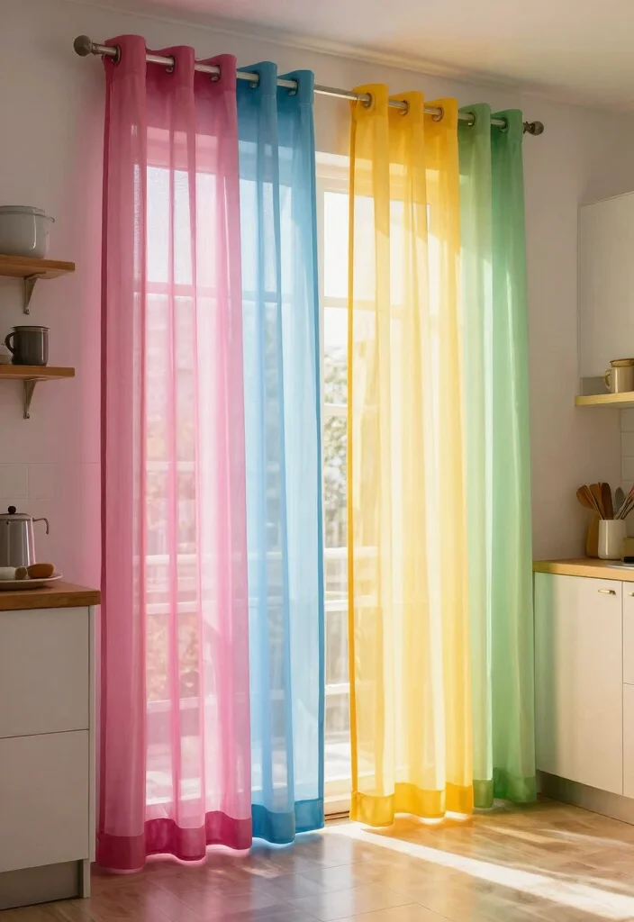 17 Curtains Kitchen Window Ideas With Charming Detail - 11. Colorful Kitchen Sheers 1