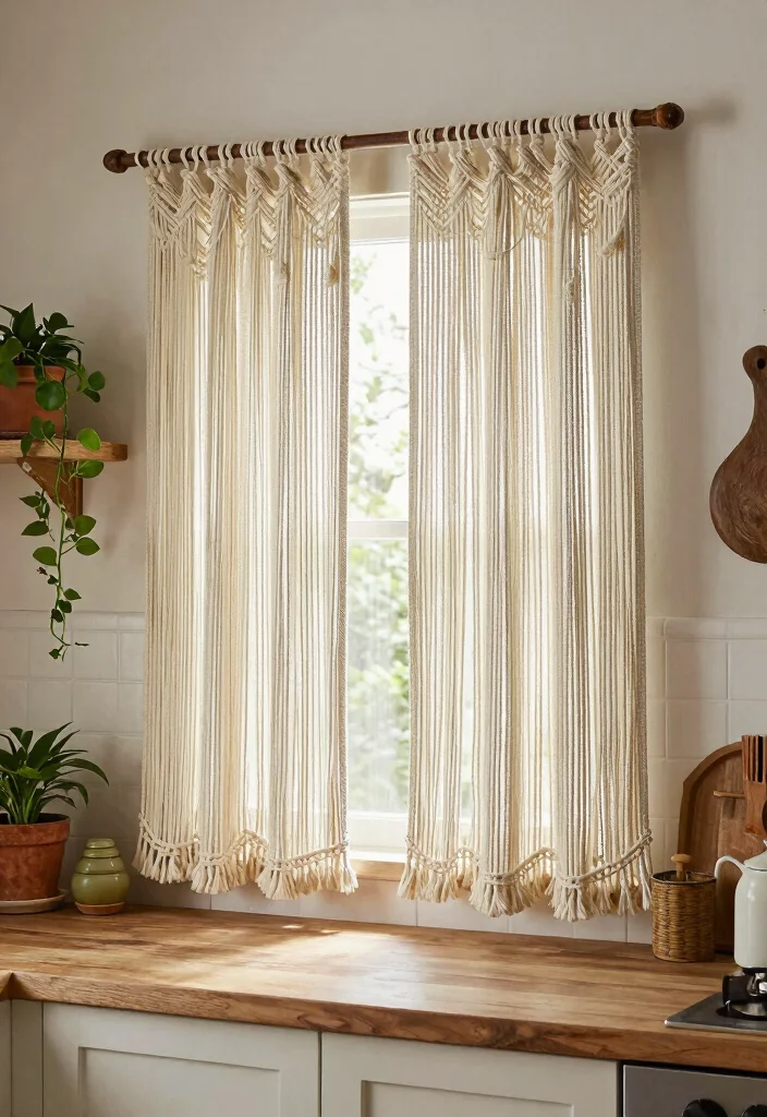 17 Curtains Kitchen Window Ideas With Charming Detail - 16. Macrame Curtain Panels 1
